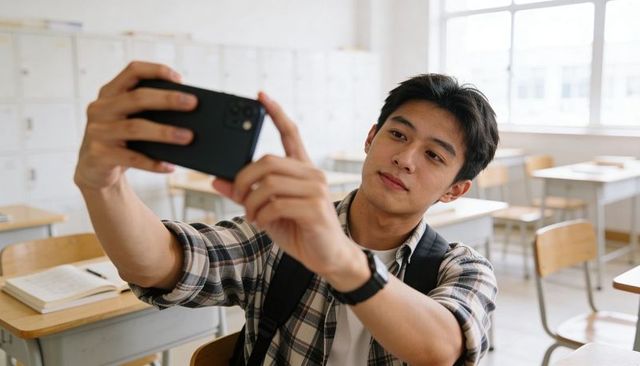 Teen Student Taking Selfie in Bright Classroom With Backpack and Plaid Shirt