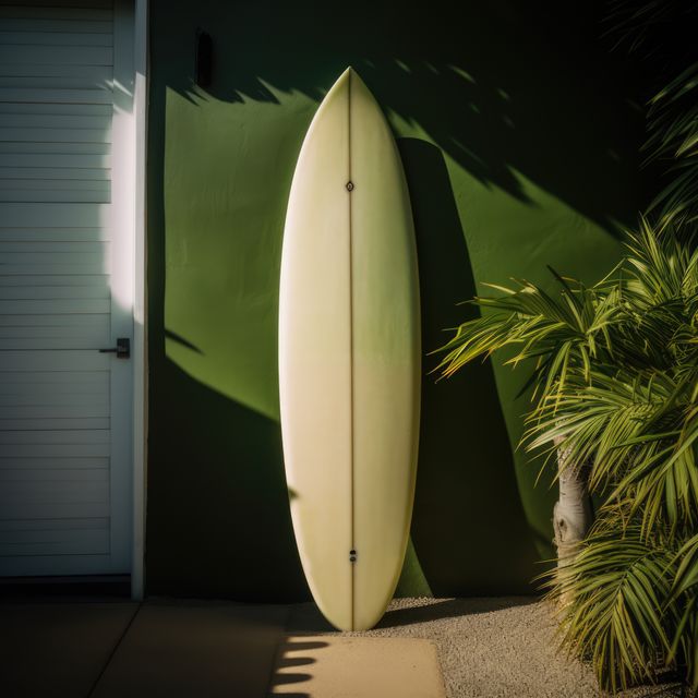 Single surfboard leaning against a green wall in a sunny outdoor space, with shadows casting and palm leaves partially visible. Perfect for themes related to surf culture, beach lifestyle, summer, relaxation, and outdoor activities.