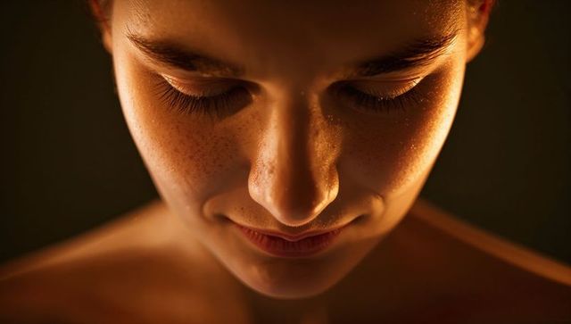 Freckled woman tilting head downward, closed eyes, dewy glowing skin with soft rimlight