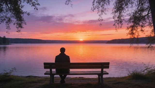 Sitting man wearing dark coat watching sunset reflecting on lake from park bench at dusk