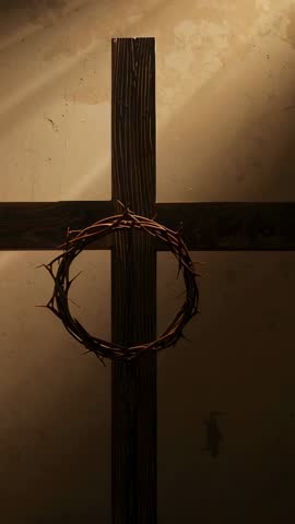Vertical video showing sunlight streaming onto wooden cross, crown of thorns, dust drifting