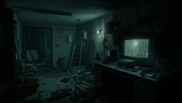 Abandoned Basement with Glowing CRT Monitor Displaying Static