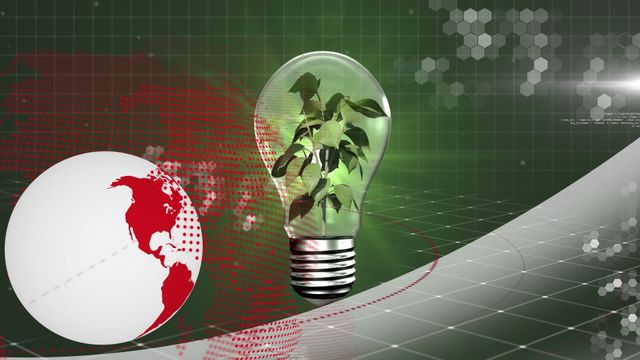 Animation captures a unique representation of sustainability in business with a plant sprouting within a light bulb, signifying green energy concepts. The red-infused globe in the background along with a ring of stars highlights the global and international dynamics involved in eco-friendly entrepreneurship. This loop symbolizes innovation and is ideal for educational content, presentations on sustainable technology, banners for environmental campaigns, or promotional material for green ventures.