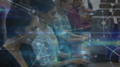 Technology Overlay Displayed on Female Professionals in Workplace