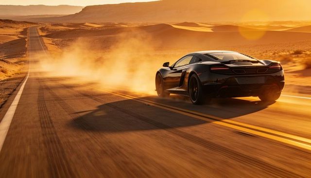 Black supercar racing across desert highway at golden hour kicking up dramatic dust trail
