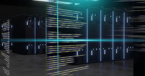 Glitching data center server racks with cyan led beams and reflective floor