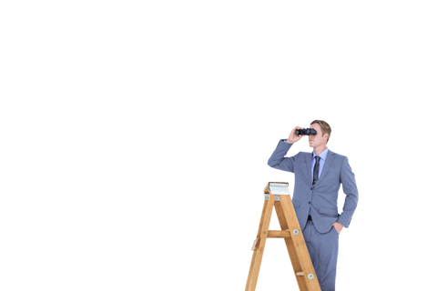 Businessman Climbing Ladder Looking Through Binoculars Transparent Background