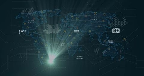 Futuristic interface with world map and data nodes