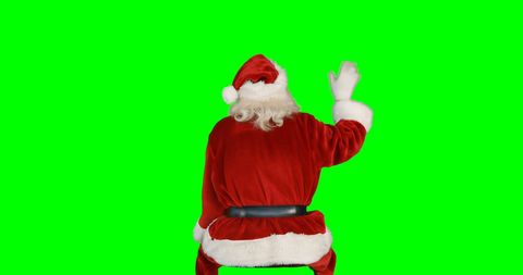 Santa Claus, dressed in his iconic red suit with white trim, waves cheerfully with his back turned. Perfect for holiday marketing materials, festive greeting cards, and promotional imagery requiring customization with a blank background.