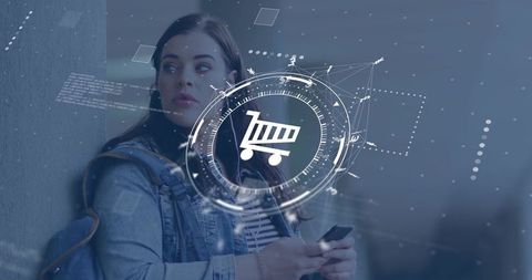 Young woman checking phone with digital shopping cart hud in urban transit