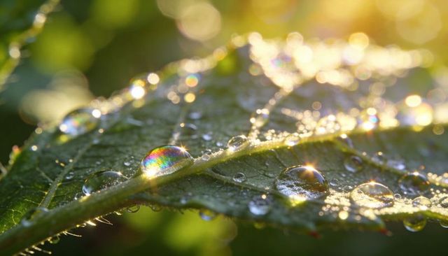 Golden morning dew on leaf with rainbow droplet backlit bokeh macro nature texture