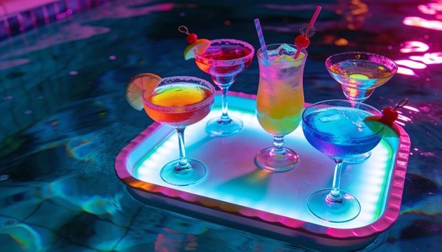 Neon-lit cocktails floating on led tray in pool at night with colorful reflections