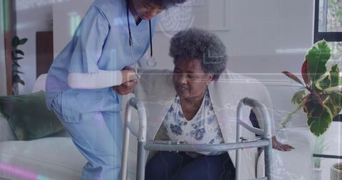 Nurse assisting senior woman rising from sofa with walker, caregiving mobility support