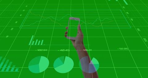 Holding smartphone showing holographic financial dashboard with green data visualization