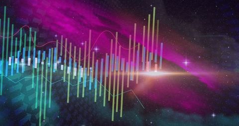 Futuristic data visualization intertwining with cosmic scene