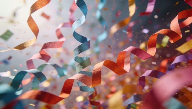 Colorful curling streamers and sparkling confetti filling frame in dynamic party motion