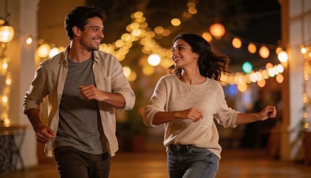 Happy young couple running and dancing through festive lantern-lit walkway at night