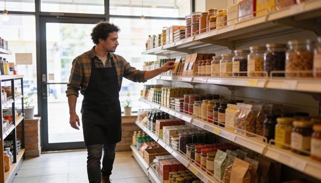 Restocking neighborhood grocery shelves by male store worker in apron and plaid shirt