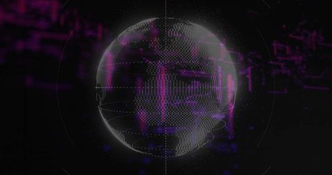 Rotating dotted mesh sphere pulsing magenta streaks HUD holographic neon pointcloud orb