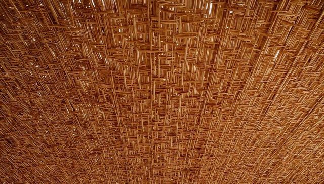 Woven rattan ceiling panels forming geometric crosshatch pattern in warm amber woodgrain