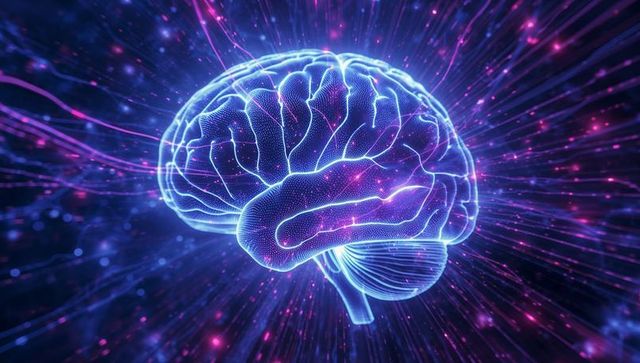 Futuristic 3D Brain Model with Glowing Neural Nodes in Cosmic Environment