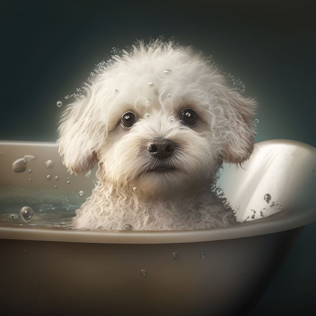 A cute puppy enjoys a bath in a tub, looking adorable. Its wet fur and the bubbles add a sense of playfulness to the grooming session.