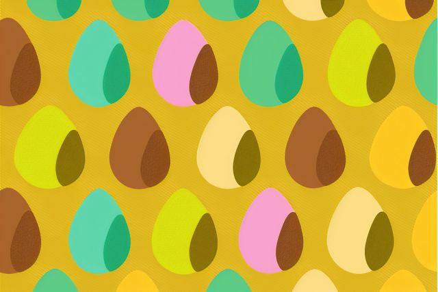 Composition of rows of colourful easter eggs on yellow, created using generative ai technology. Easter and celebration concept digitally generated image.