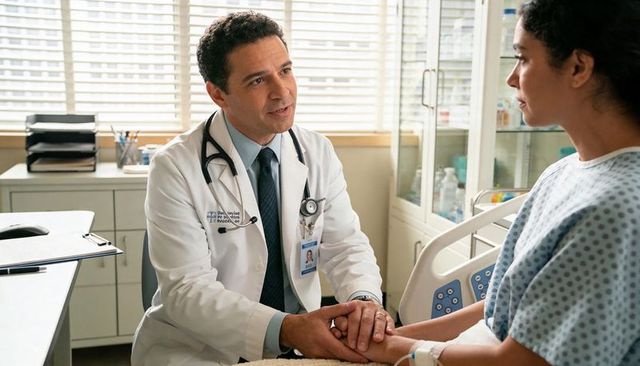 Doctor holding patient hand during compassionate hospital consultation offering support