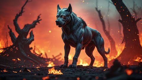 Fierce wolf-like canine over scorched wilderness with burning hell backdrop