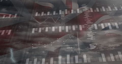 Data analytics with uk flag overlay on cloudy background