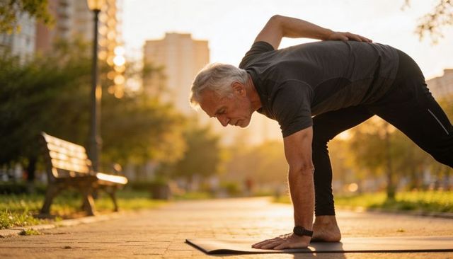 Senior man practicing balance yoga on urban park path at golden hour