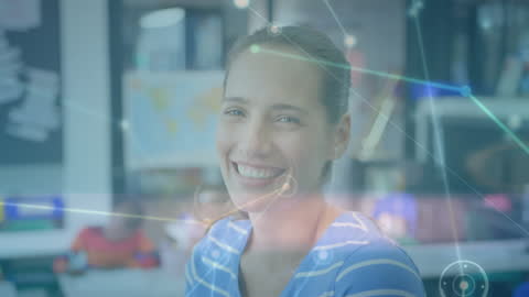 Smiling Teacher with Digital Connections Overlay in Classroom