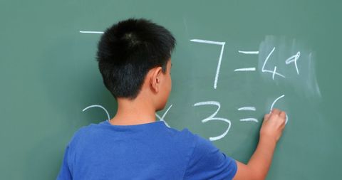 Asian Schoolboy Solving Math Problems on Classroom Chalkboard - Download Free Stock Images Pikwizard.com