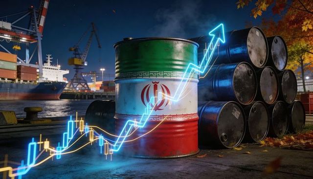 Sitting iranian oil barrel on wet quay at night showing neon rising price chart