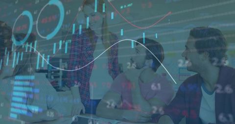 Collaborative Team Analyzing Financial Data with Digital Overlay