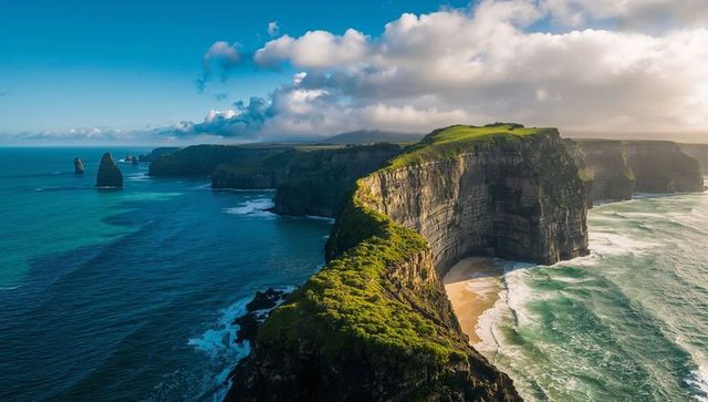 Revealing grassy headland meeting turquoise ocean, dramatic cliffs and sandy cove