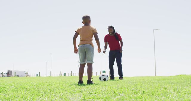 Father and Son Playing Soccer on Grass Field on Sunny Day - Download Free Stock Images Pikwizard.com