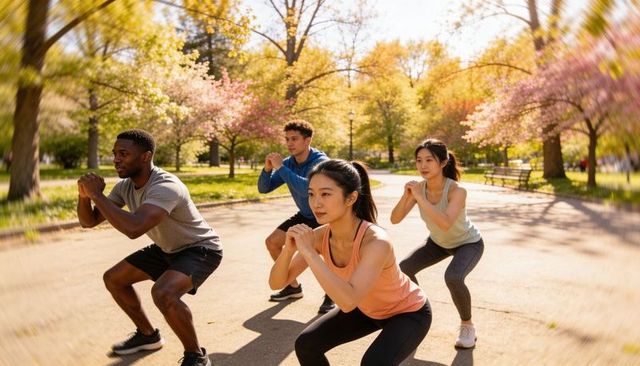 Group performing squats in sunny park, diverse adults training together for fitness