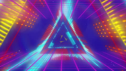 Futuristic Neon Triangle Tunnel with Digital Waves