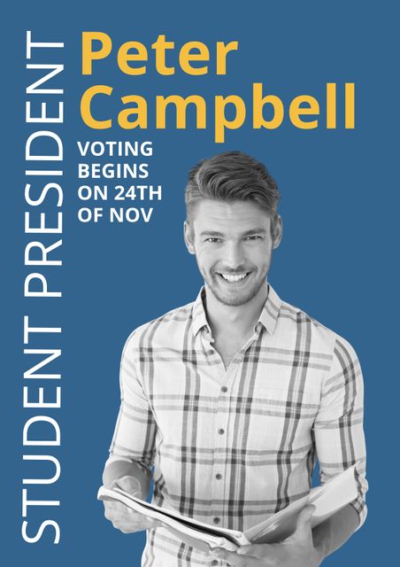 This poster can be used to promote a student president campaign. The smiling young man holding a book conveys friendliness and approachability. The blue background and bold text make the poster eye-catching and professional, ideal for university settings.