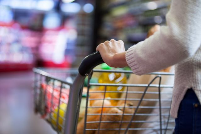 Mid section of woman holding groceries in shopping cart at supermarket