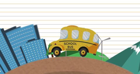 Whimsical school bus and urban education concept