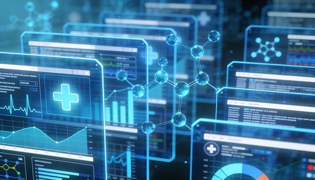 Holographic medical dashboards visualizing molecular models and real-time ecg data