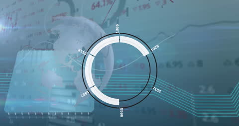Abstract Global Interface with Digital Clock and Formulas Overlay