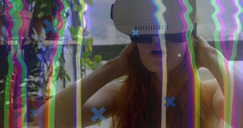 Woman Experiencing VR with Digital Glitch Effect