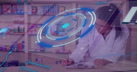 Pharmacist writing prescription notes at retail pharmacy counter with futuristic hud overlay