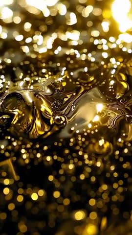 Vertical 4K Shimmering Golden Liquid Rippling with Microbubbles, Metallic Bokeh Texture