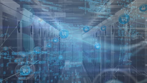 Digital Connectivity in a Cloud Server Room with Data Processing Visuals