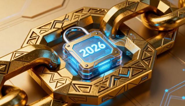 Glowing 2026 Cyber Padlock Locking onto Ornate Gold Hex Plate with Futuristic Circuitry