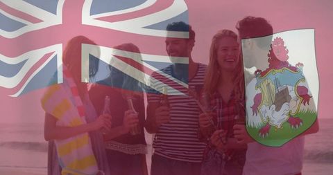 Friends celebrating at sunset with bermuda flag overlay